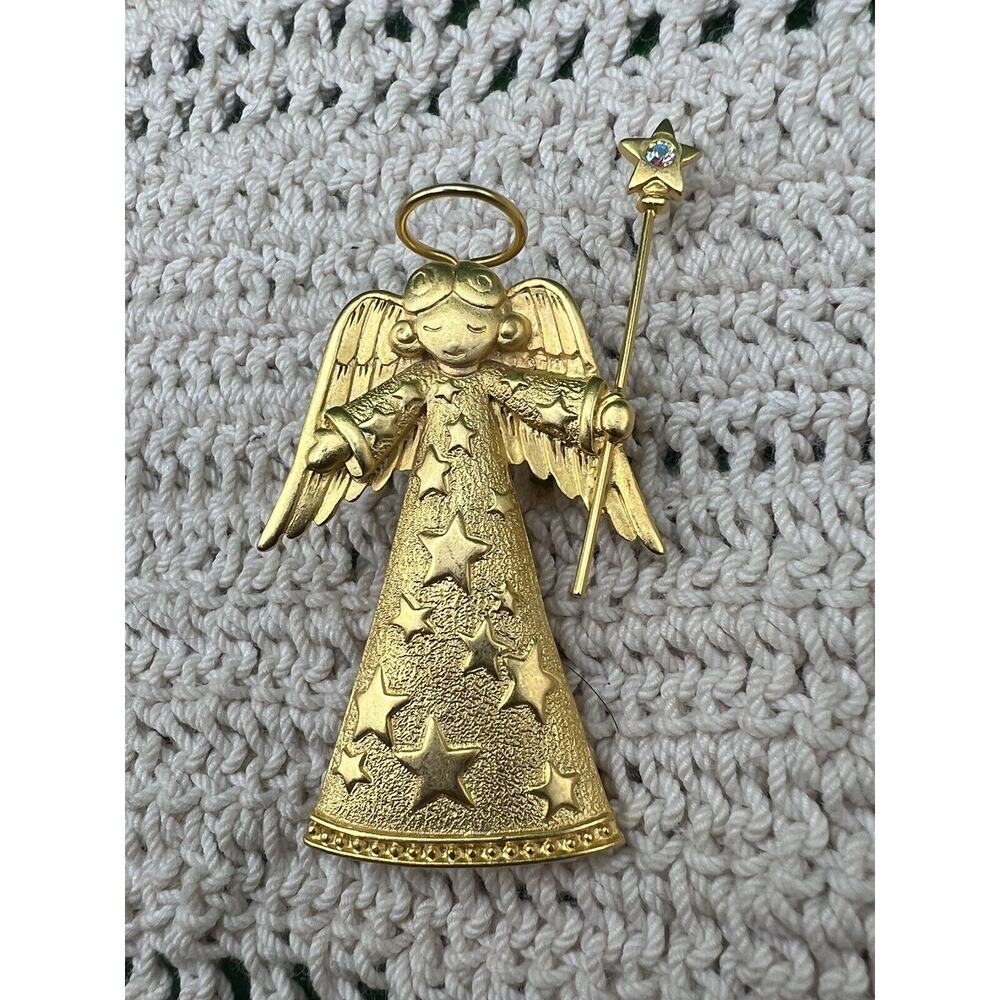JJ‎ Jonette Christmas Angel w/Halo Star Wand AB Rhinestone Gold Tone Brooch Pin